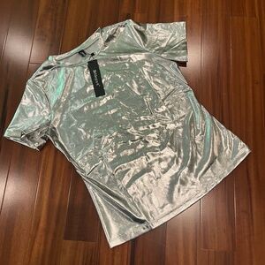 New NWT Allegra K Metallic Silver Short Sleeve Top Shiny Faux Leather Size Small